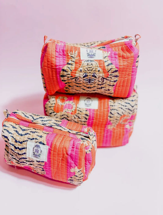 Pink + Orange Eye of the Tiger  Quilted Cosmetic Bag set of 3 (small-no handle)