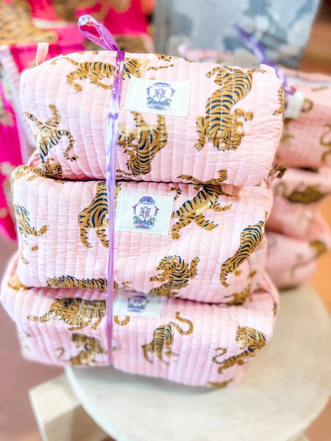 Dainty Pink Tiger Quilted Cosmetic Bag Set of 3