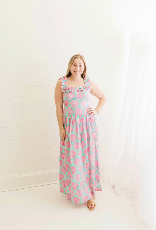 Sanibel Pink Shell | Ruffle Bow Maxi Dress