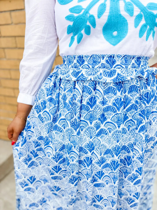 Calico Scallop Ruffle Maxi Skirt