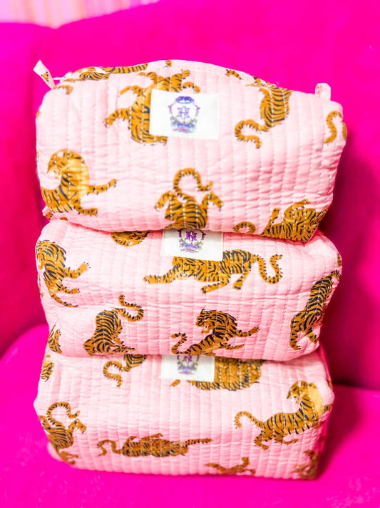 Dainty Pink Tiger Quilted Cosmetic Bag Set of 3