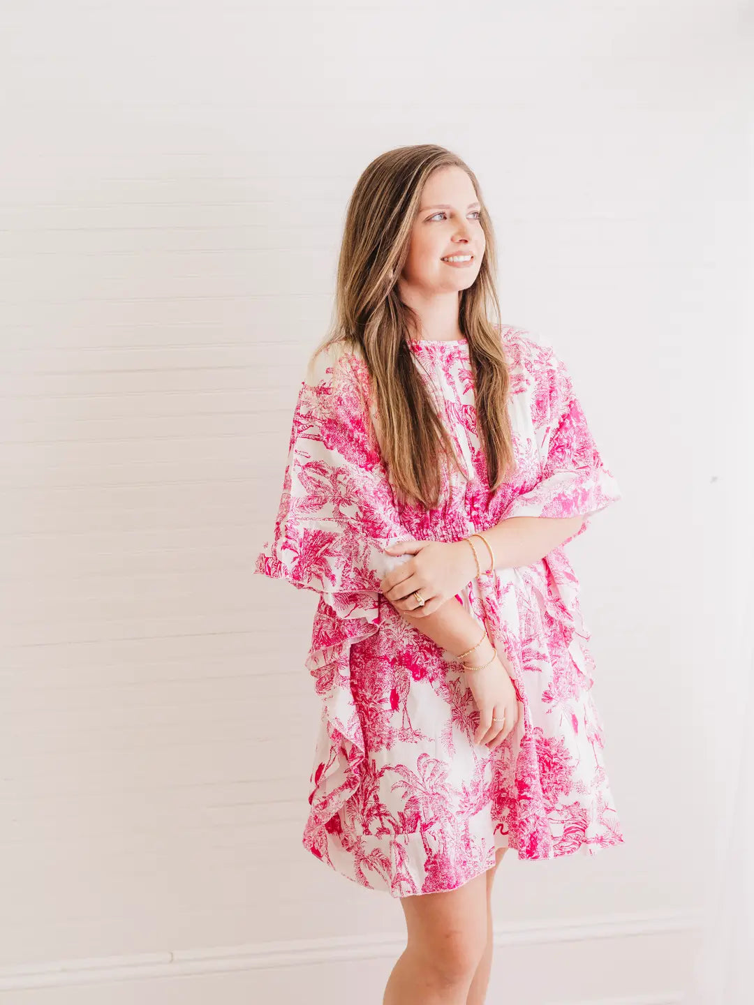 Caftan Dress in the block print of Golden Isles - pink