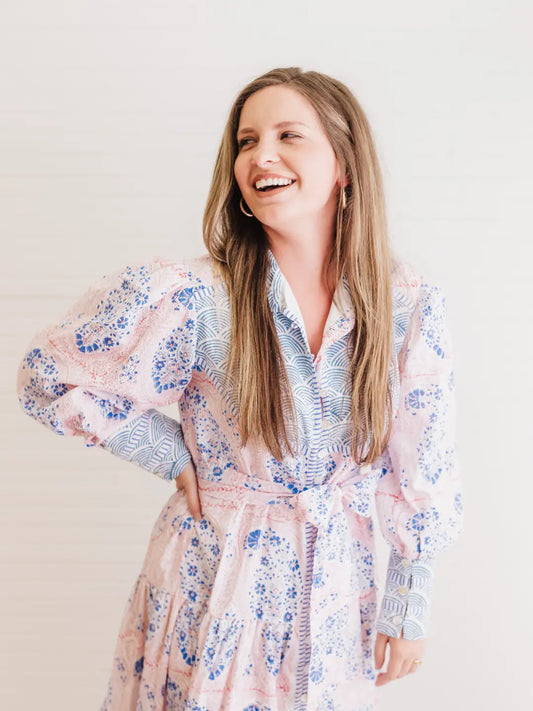 Maxi Dress in a block print pattern called Lady Liberty - 4th of July celebration block print dress.