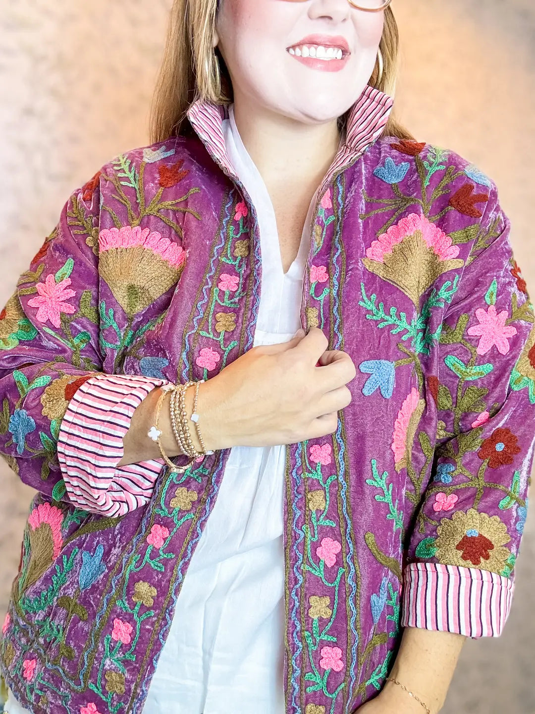 Block print lavender embroidered velvet jacket.