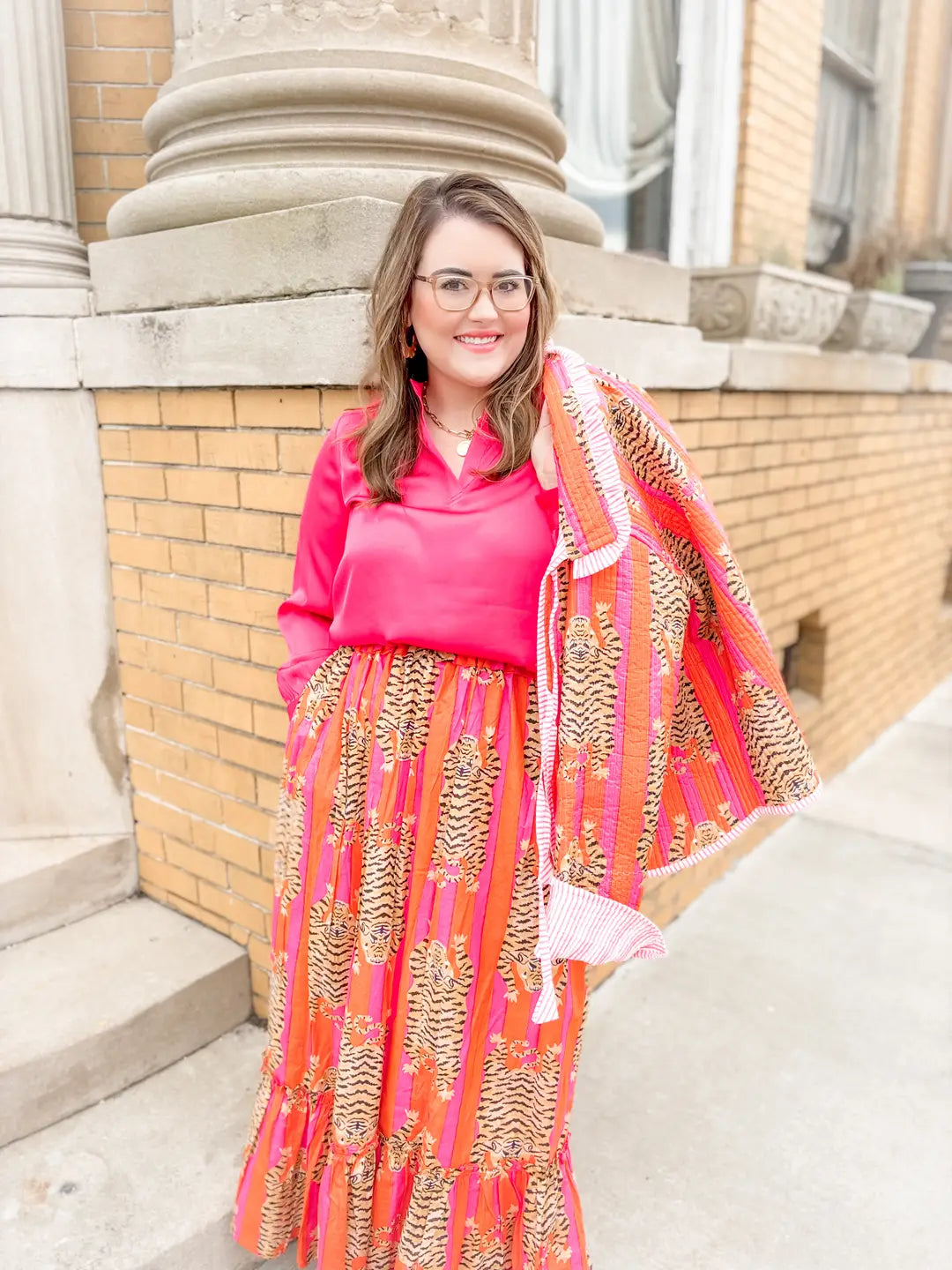 Pink + Orange Eye of the Tiger |  Ruffle Maxi Skirt