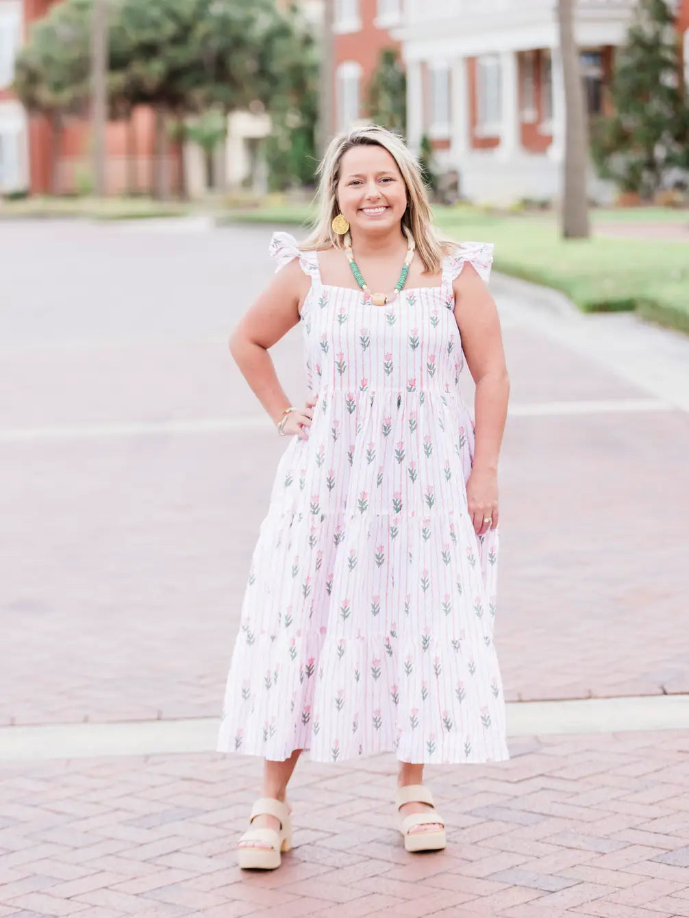 Block Print Dress for Spring and Summer. Dress has a block printed rose pattern.